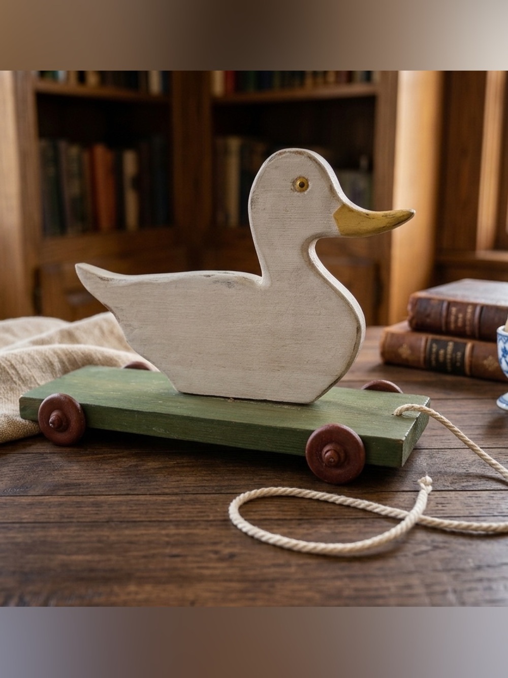 Vintage Handmade Wooden Duck Pull Toy - White & Green